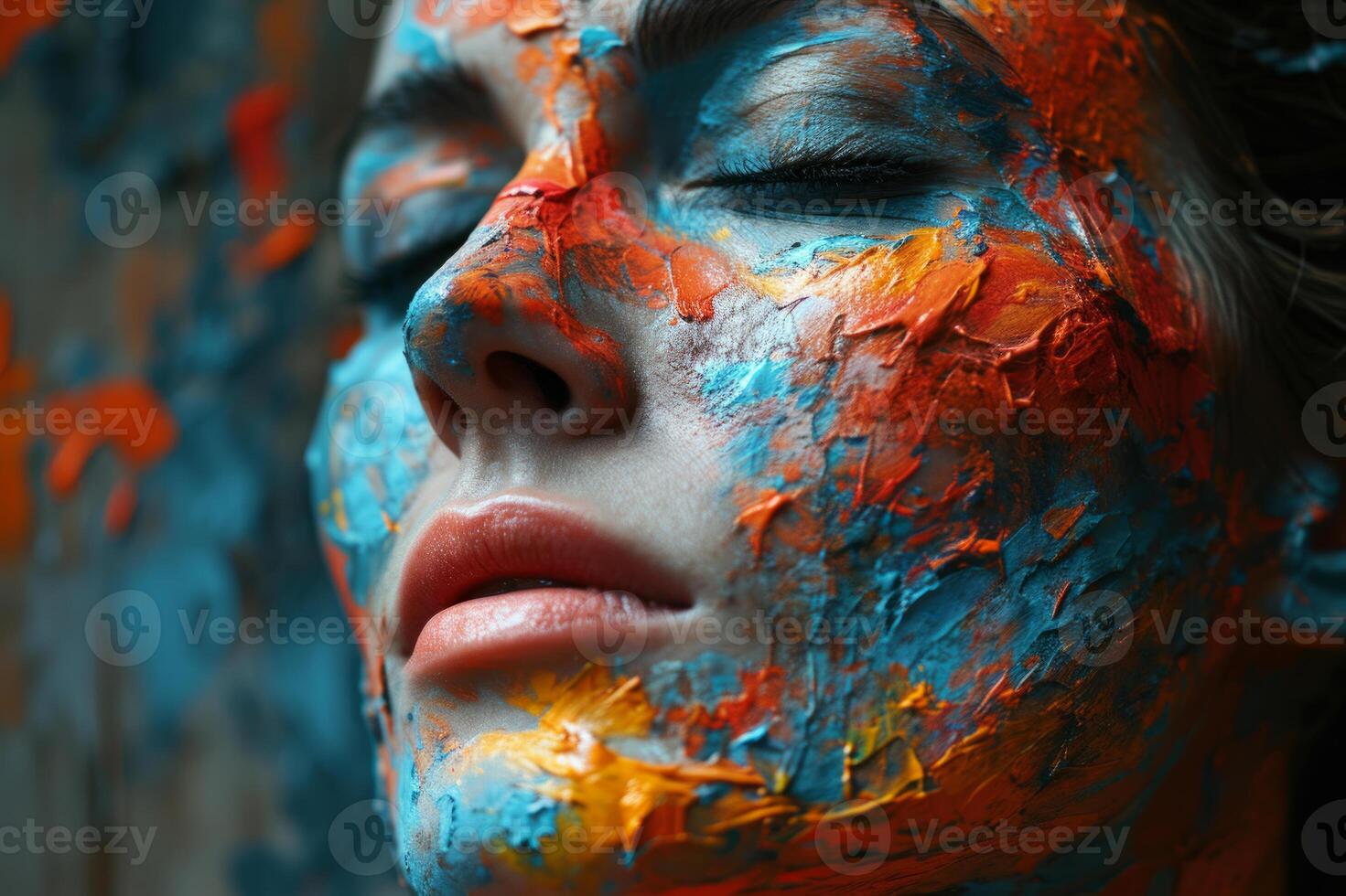 ai generado un mujer con un naranja lápiz labial. un mujer con su cara pintado en vívido sombras de azul y naranja. foto