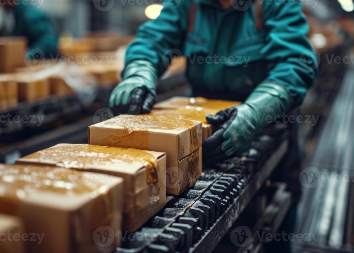 AI generated Worker in Factory Sorting Boxes on Conveyor Belt photo