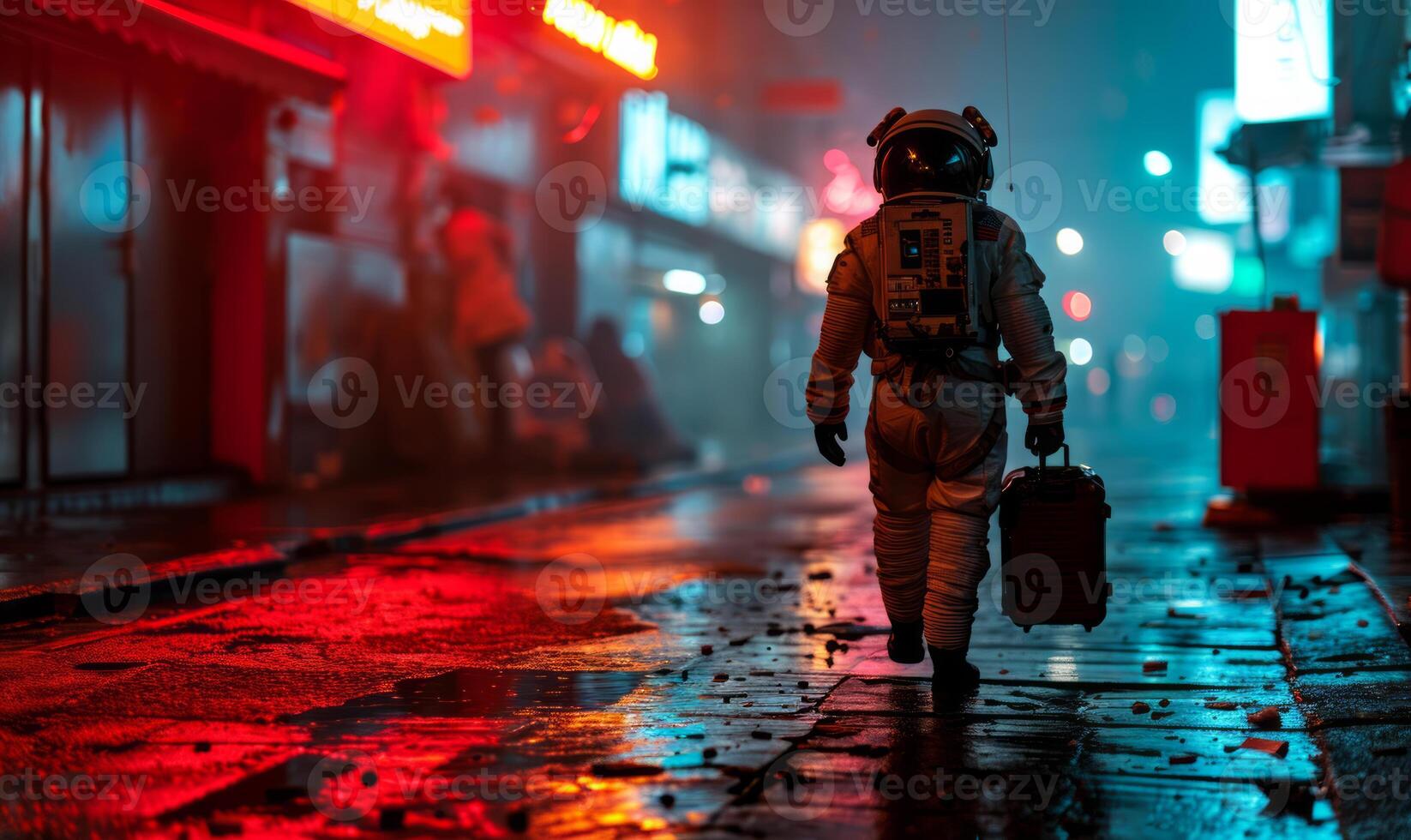 AI generated A man in space suit walking. An astronaut dressed in a spacesuit walks down a street during a rainstorm. photo