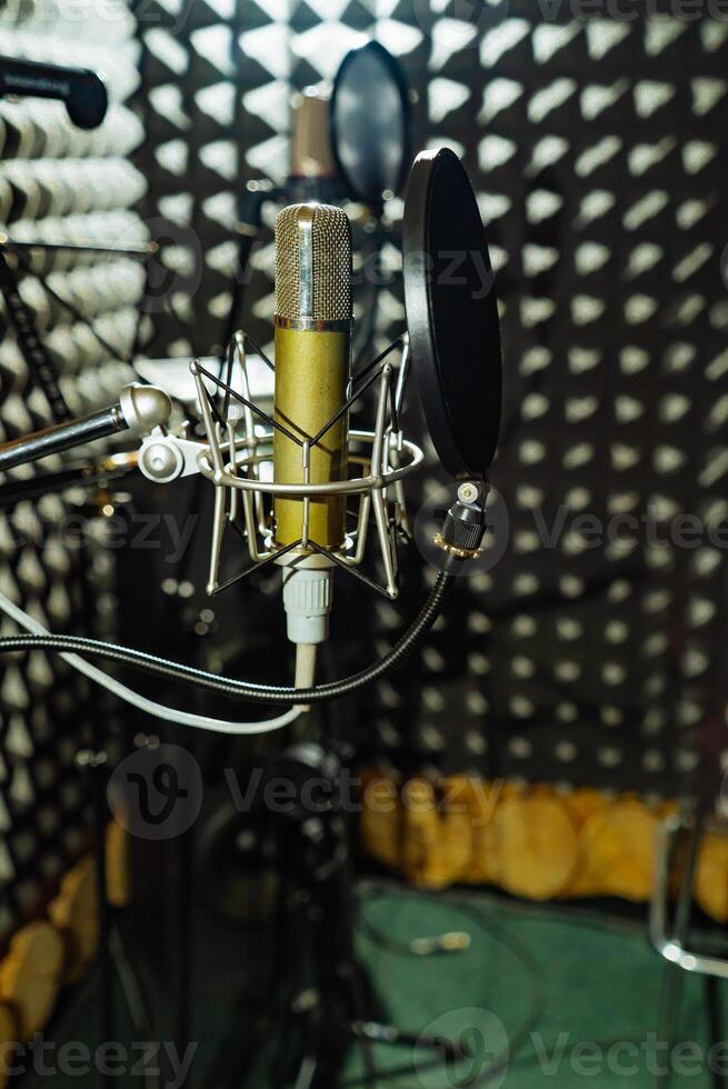 profesional micrófono tiene adjunto a conmoción montar y en la foto en el antecedentes de el música estudio