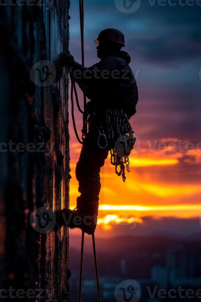 AI generated Industrial climber is rappelling from high industrial building at sunset. Silhouette of a man using ropes to work on the side of a wall photo