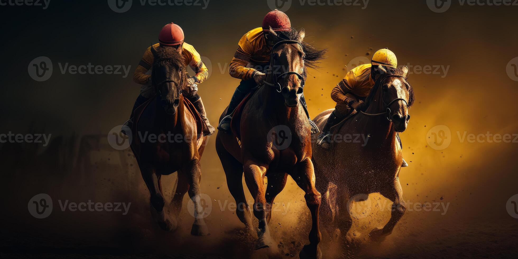 AI generated Three racing horses competing with each other with motion blur to accent speed. Dramatic scene of horse races at sunset. photo