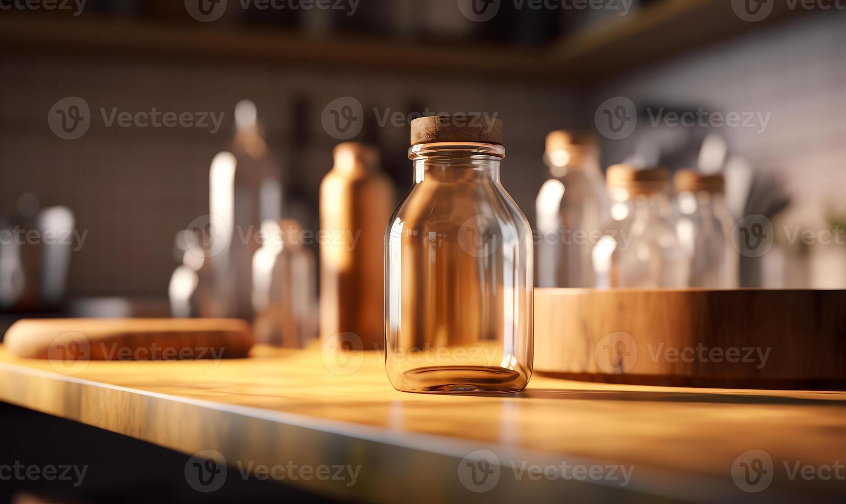 AI generated Empty glass bottles and wooden cutting board on kitchen counter 3d rendering photo