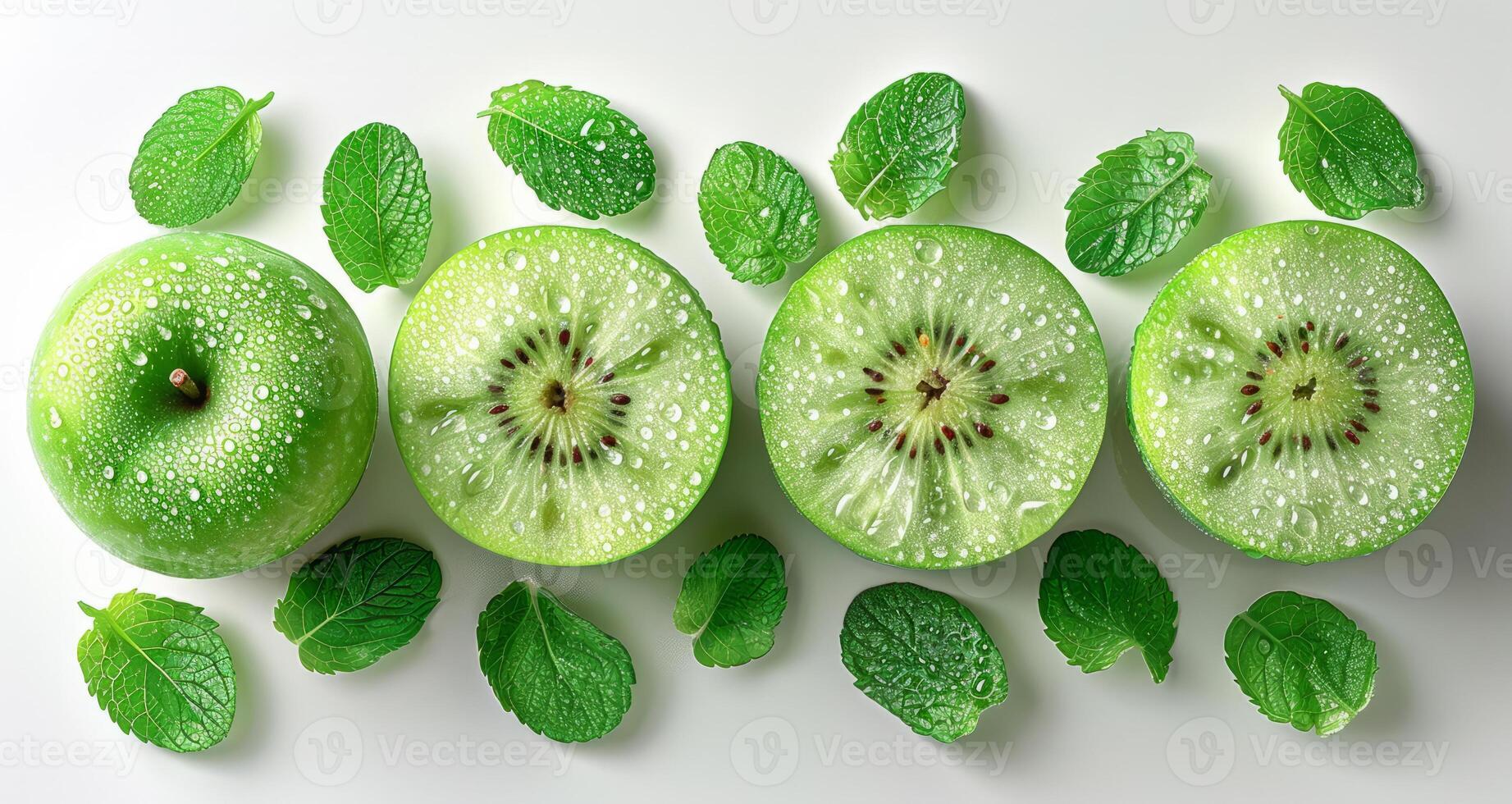 AI generated Creative layout made of green apple and kiwi on the white background. Flat lay. Food concept. Macro concept. photo