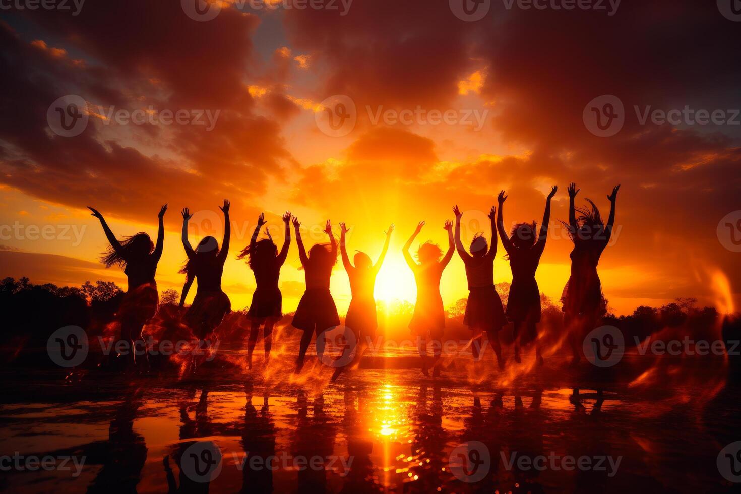 AI generated Silhouette of many people jumping on the beach at beautiful sunset. Free downloads silhouettes of people jumping photo