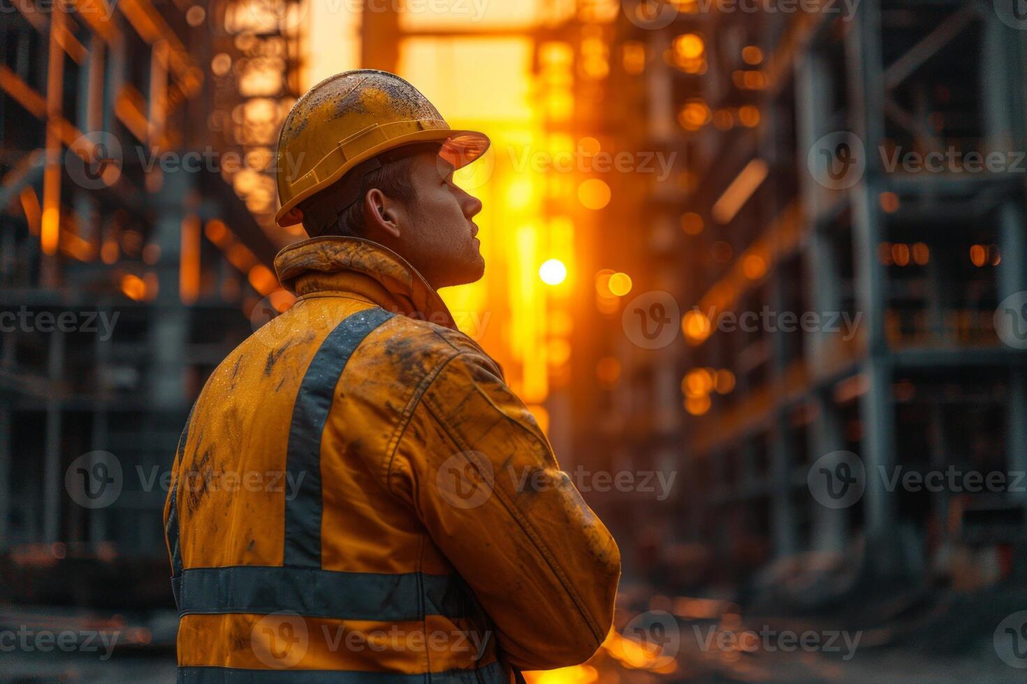AI generated The worker is standing in the sunset at the construction site photo