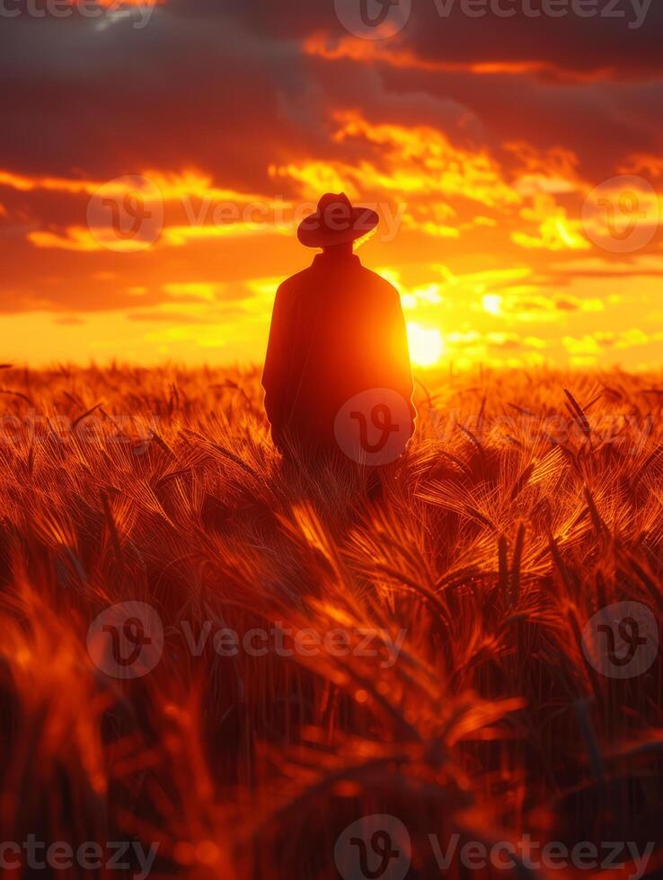 AI Generated Farmer is standing in wheat field at sunset. Portrait of farmer in grain field at sunset photo