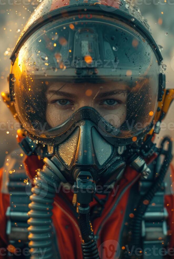 AI generated The pilot in the helmet is in full combat readiness in the smoke. Flight fighter wearing a helmet photo