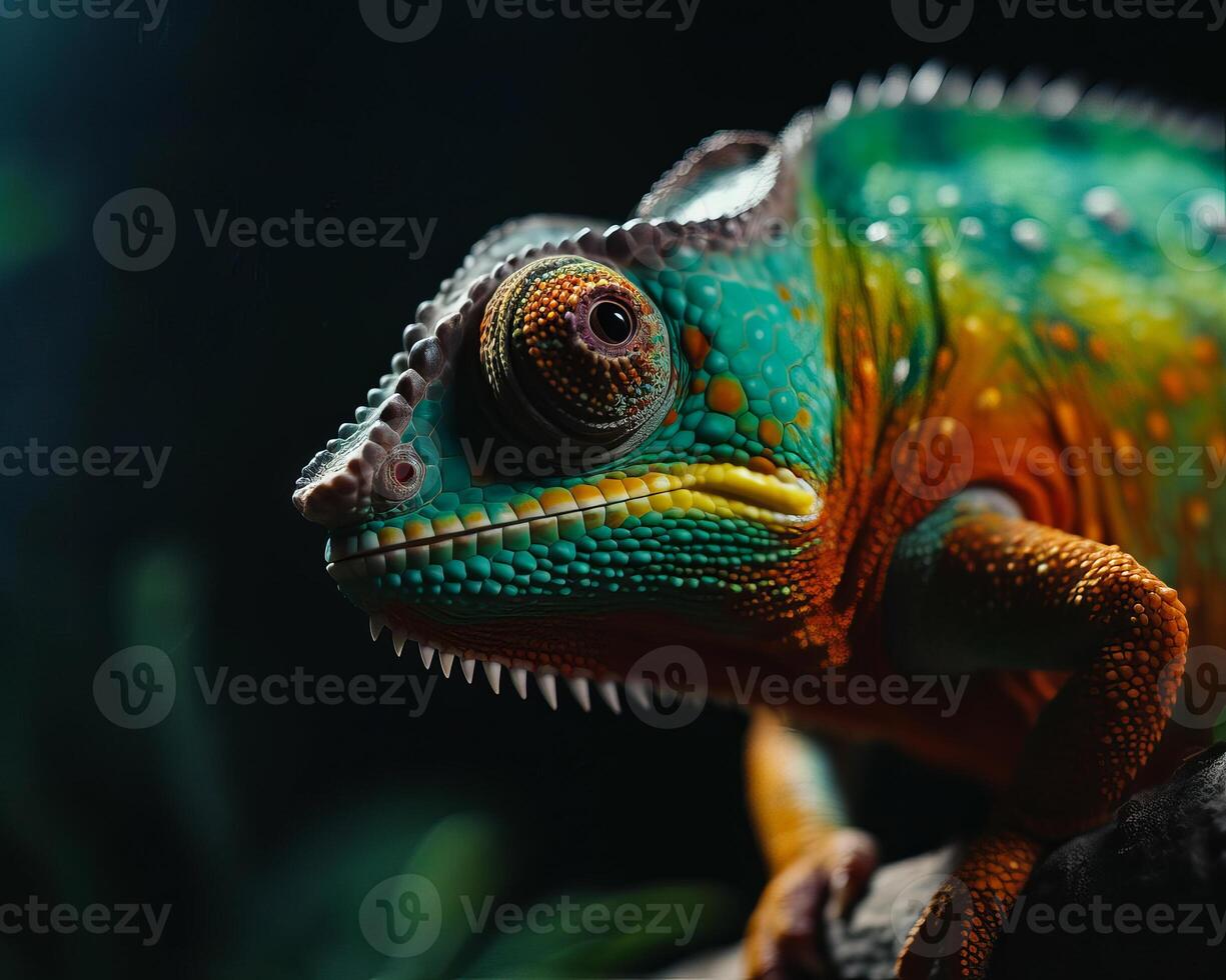 AI generated Colorful chameleon is sitting on branch photo