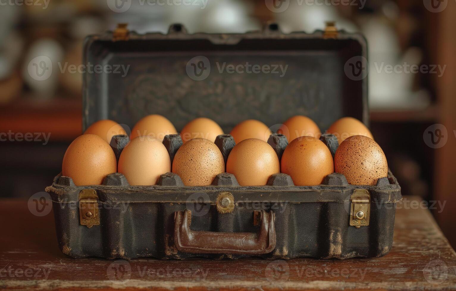 ai generado huevos en maleta. un negro caso es lleno de estropeado marrón huevos foto