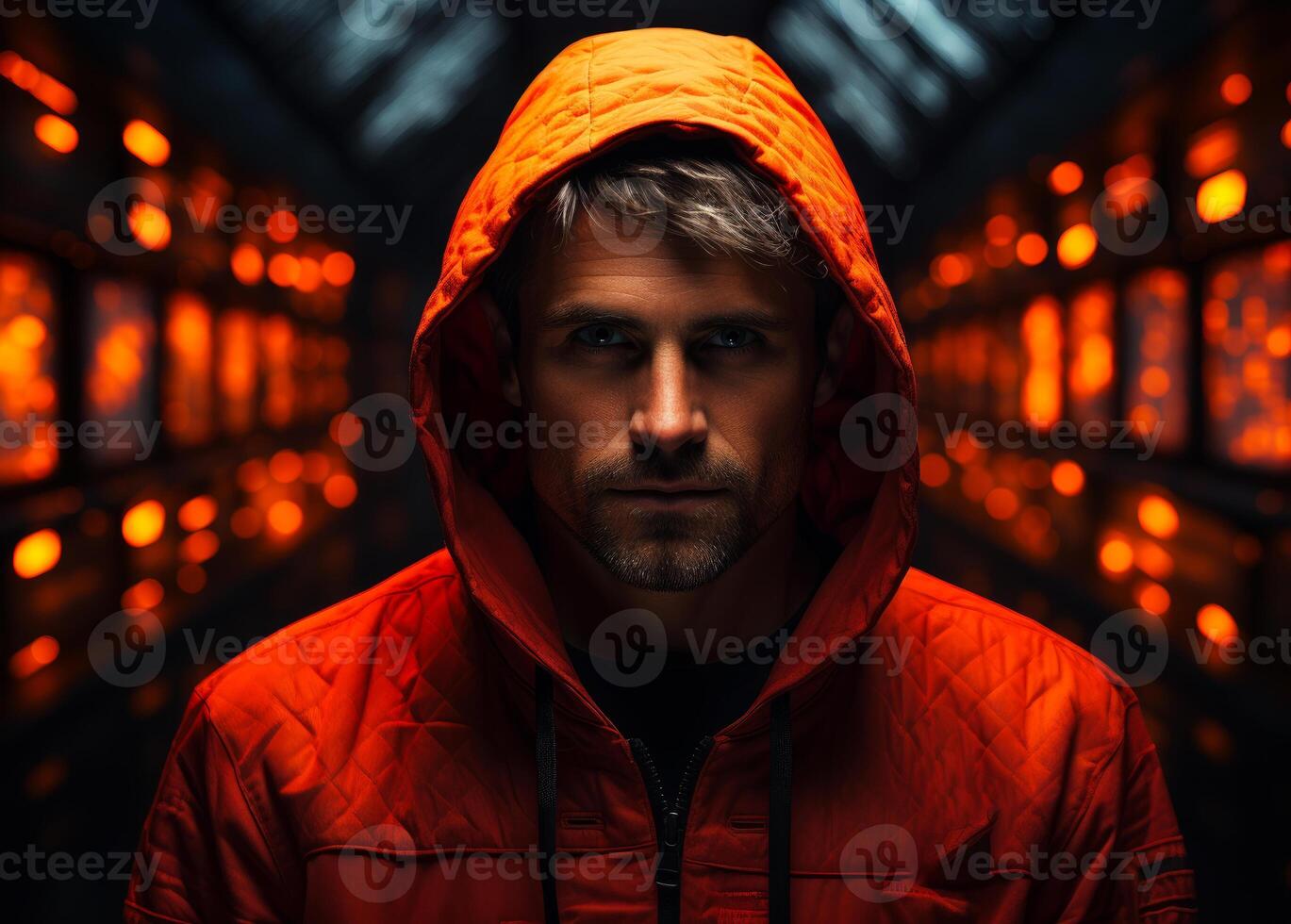 AI generated A man in hoodie is standing. A man wearing a vibrant red jacket stands in the middle of a tunnel. photo