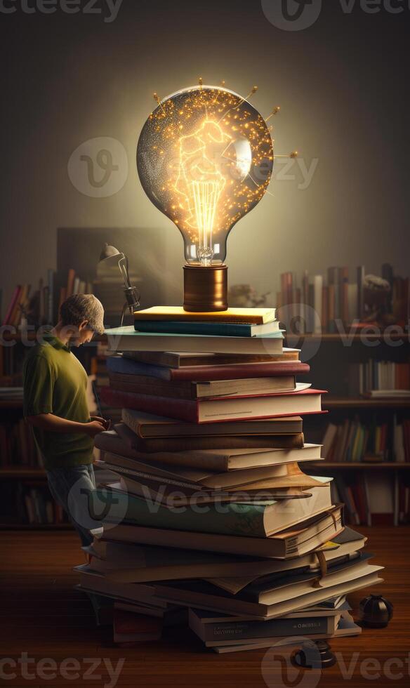 AI generated Man reading book and imagining he is on top of pile of books photo
