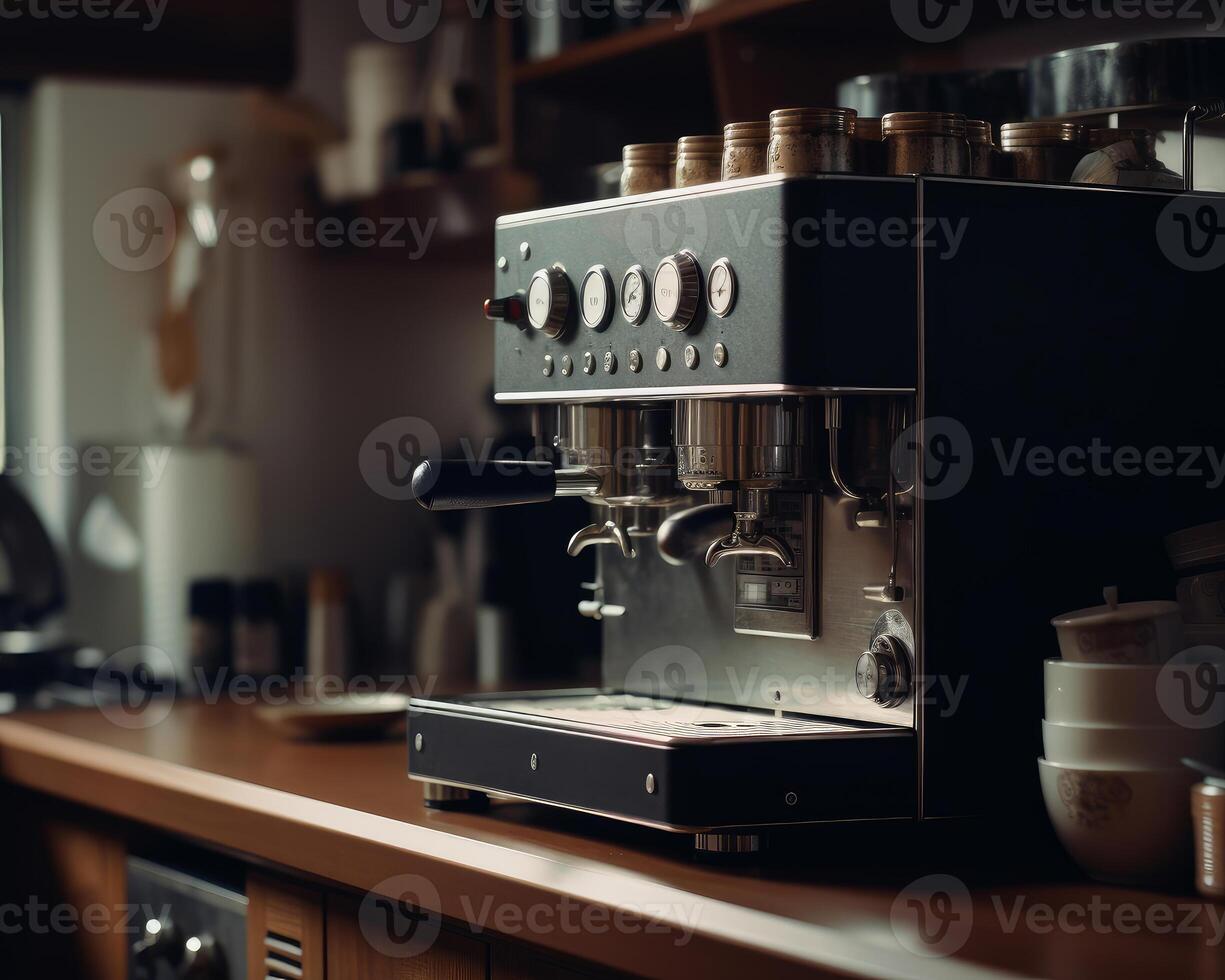 ai generado profesional Café exprés café máquina en pie en el de madera mostrador en el cocina foto