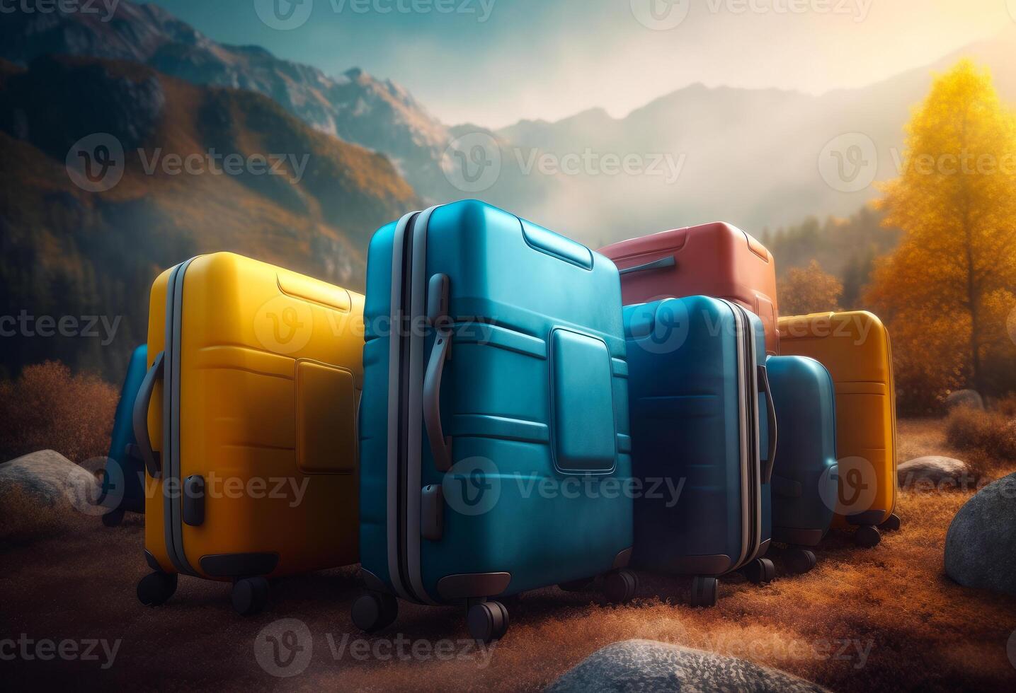 AI generated Colorful suitcases on the mountain road photo