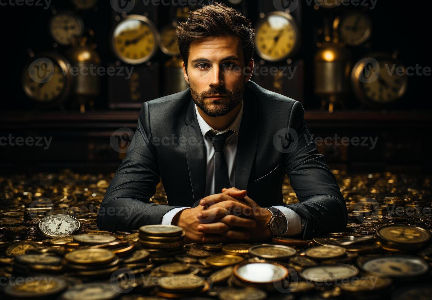 AI generated Businessman with a tie holding up dollar coins. A man is seated in front of a substantial heap of gold coins, admiring the treasure. photo
