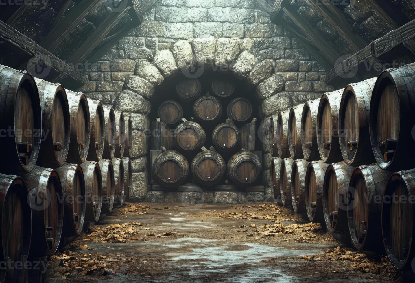 AI Generated Wine cellar with row of oak barrels. photo