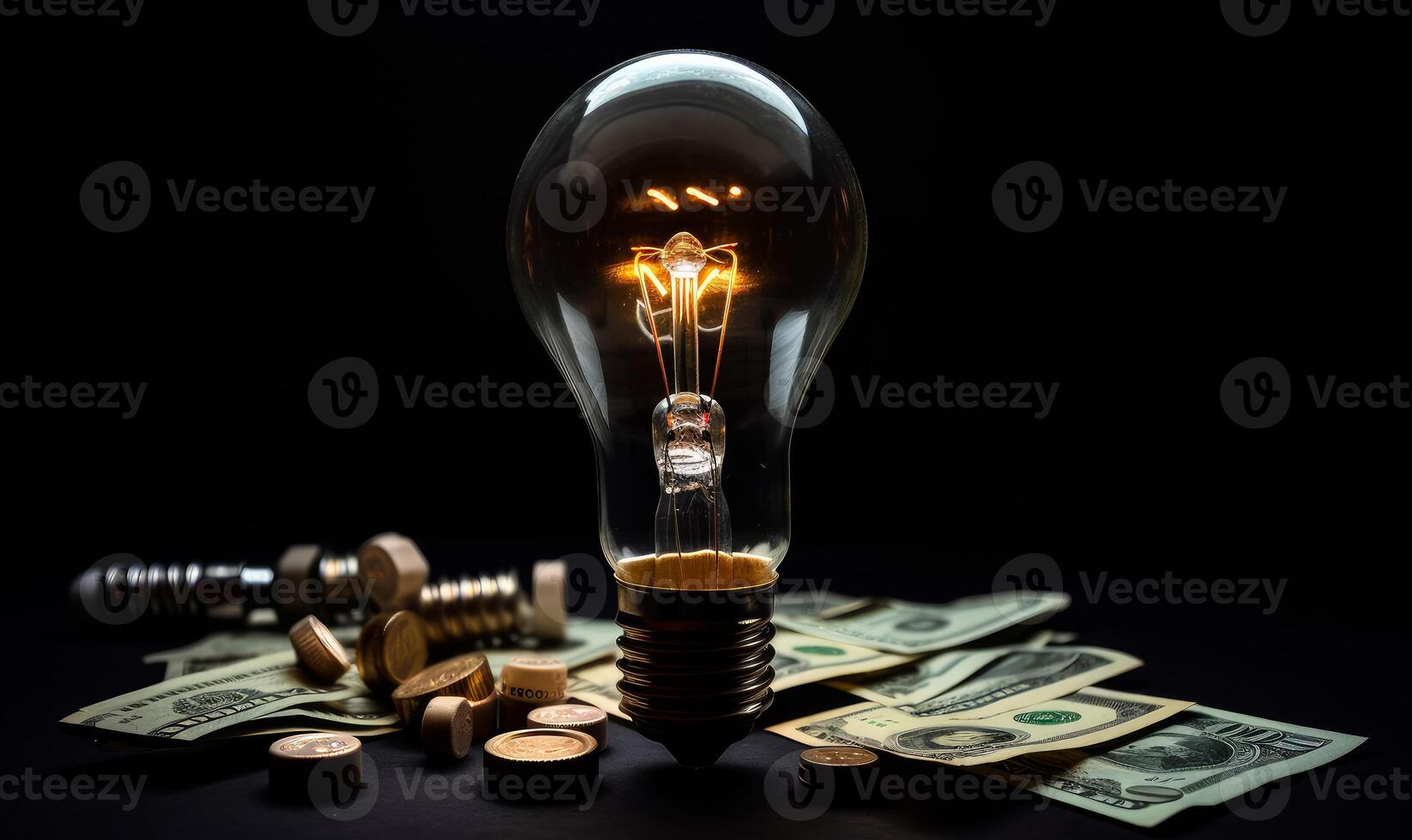 AI generated Light bulb and money on the desk photo