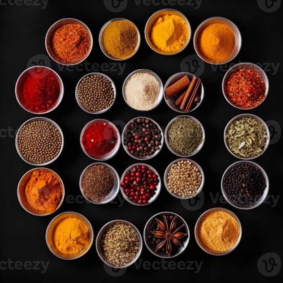 AI generated Various spices in bowls on black background photo