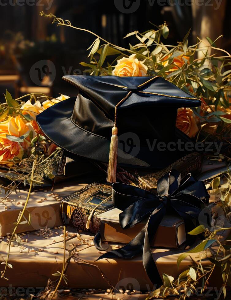 AI generated Graduation cap and cap in the park. A graduation cap sits on a stack of books, symbolizing academic achievement and the completion of studies. photo