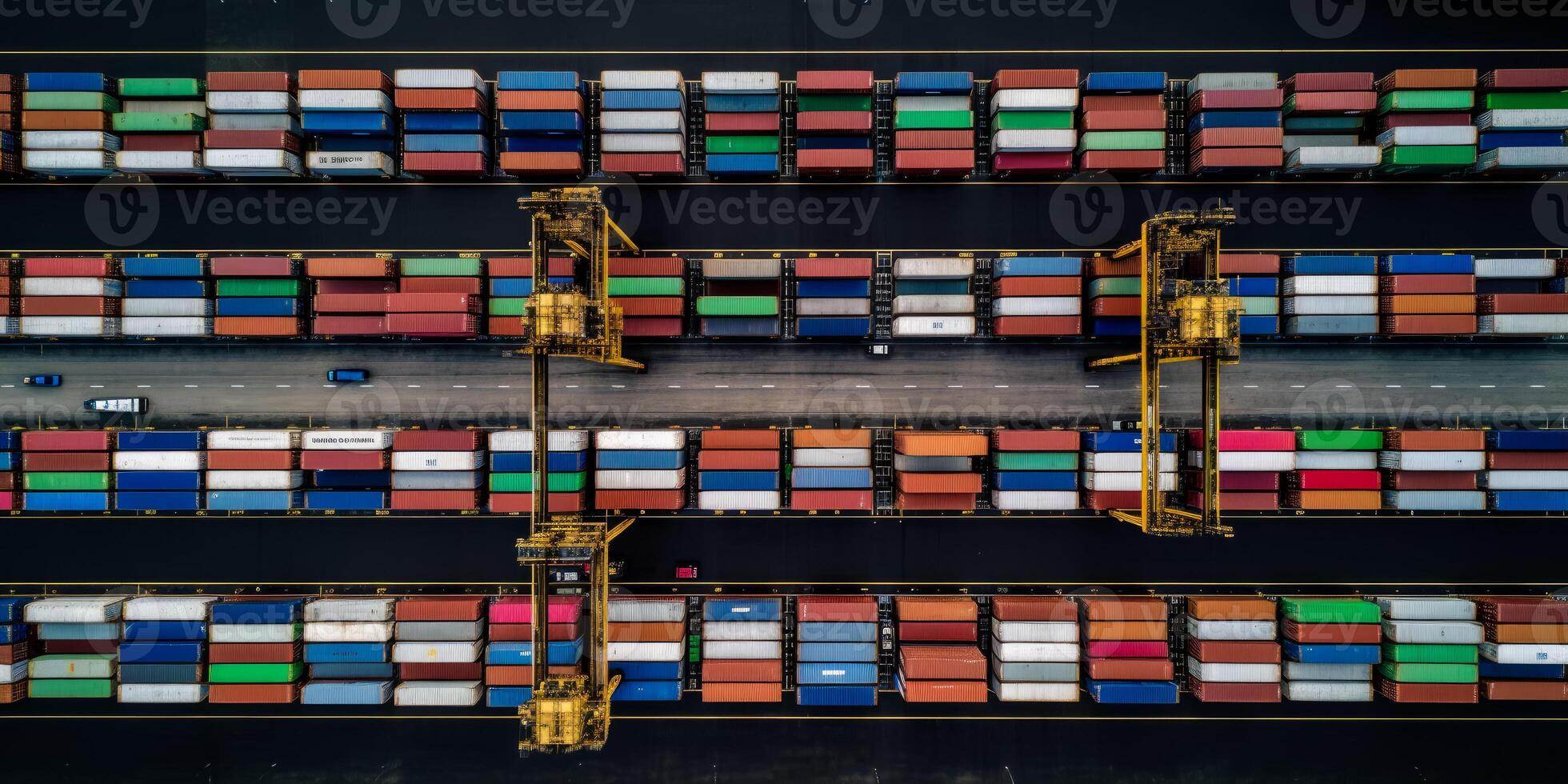 AI generated Aerial view of container ship and truck in import export business logistic and transportation of international by container cargo ship in the open sea with crane in shipyard service. photo
