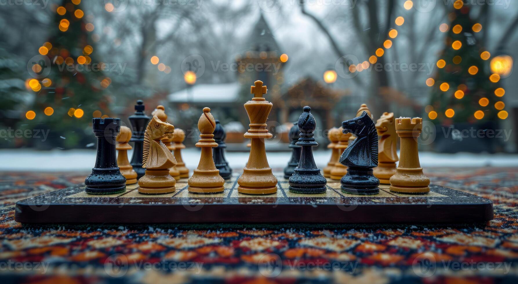 AI generated Chess board on carpet containing chess pieces. A photo of a chess set placed on a rug, with colorful Christmas lights illuminating the background.