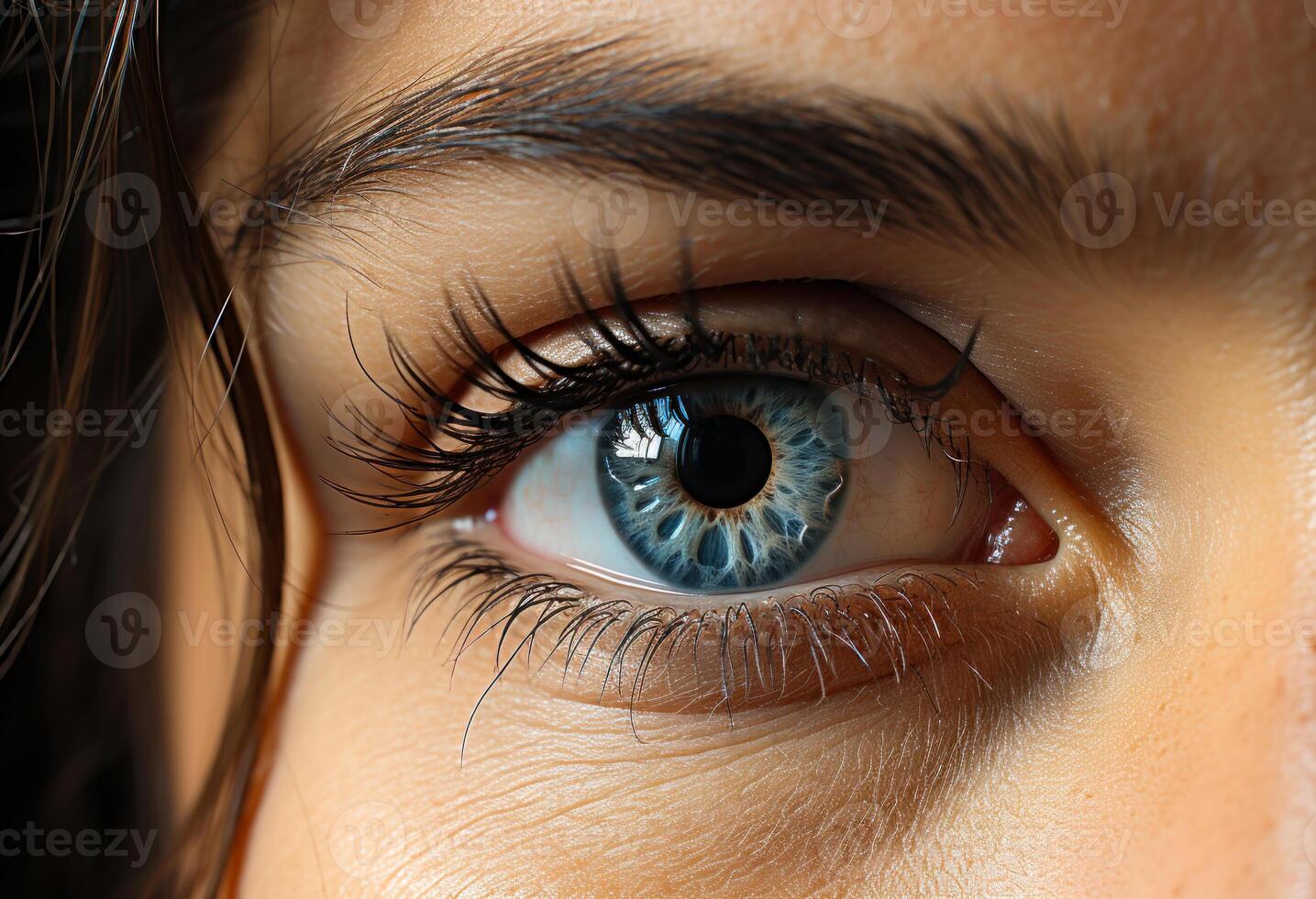 AI generated Blue eyes close up of a pregnant woman. A detailed photograph capturing a close up view of a single blue eye. photo