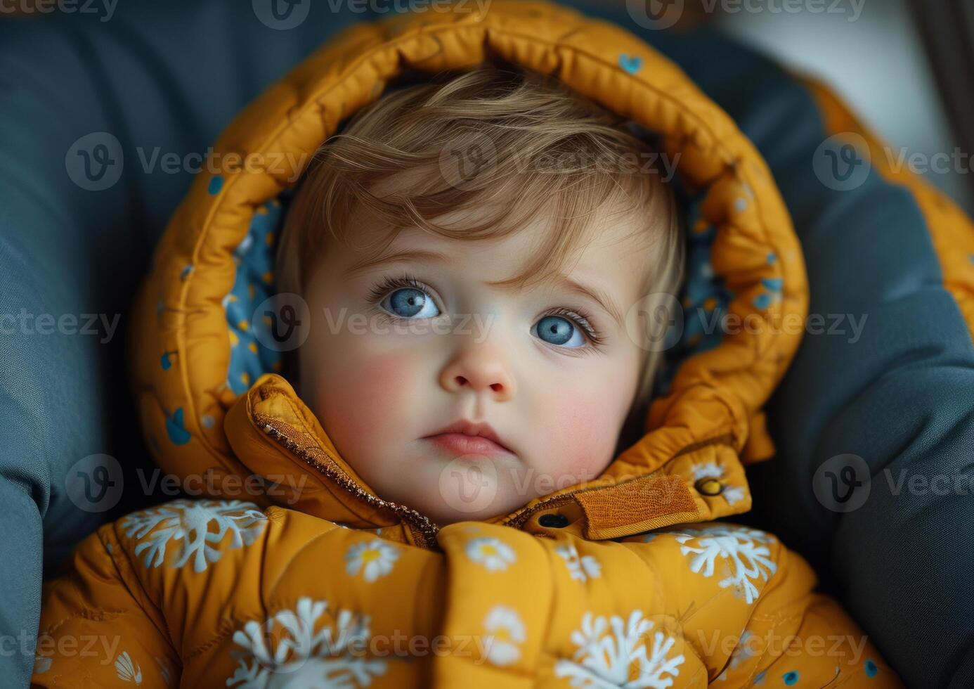 AI generated A baby boy in his car seat happy. A photograph capturing a small child dressed in a yellow jacket, with striking blue eyes. photo