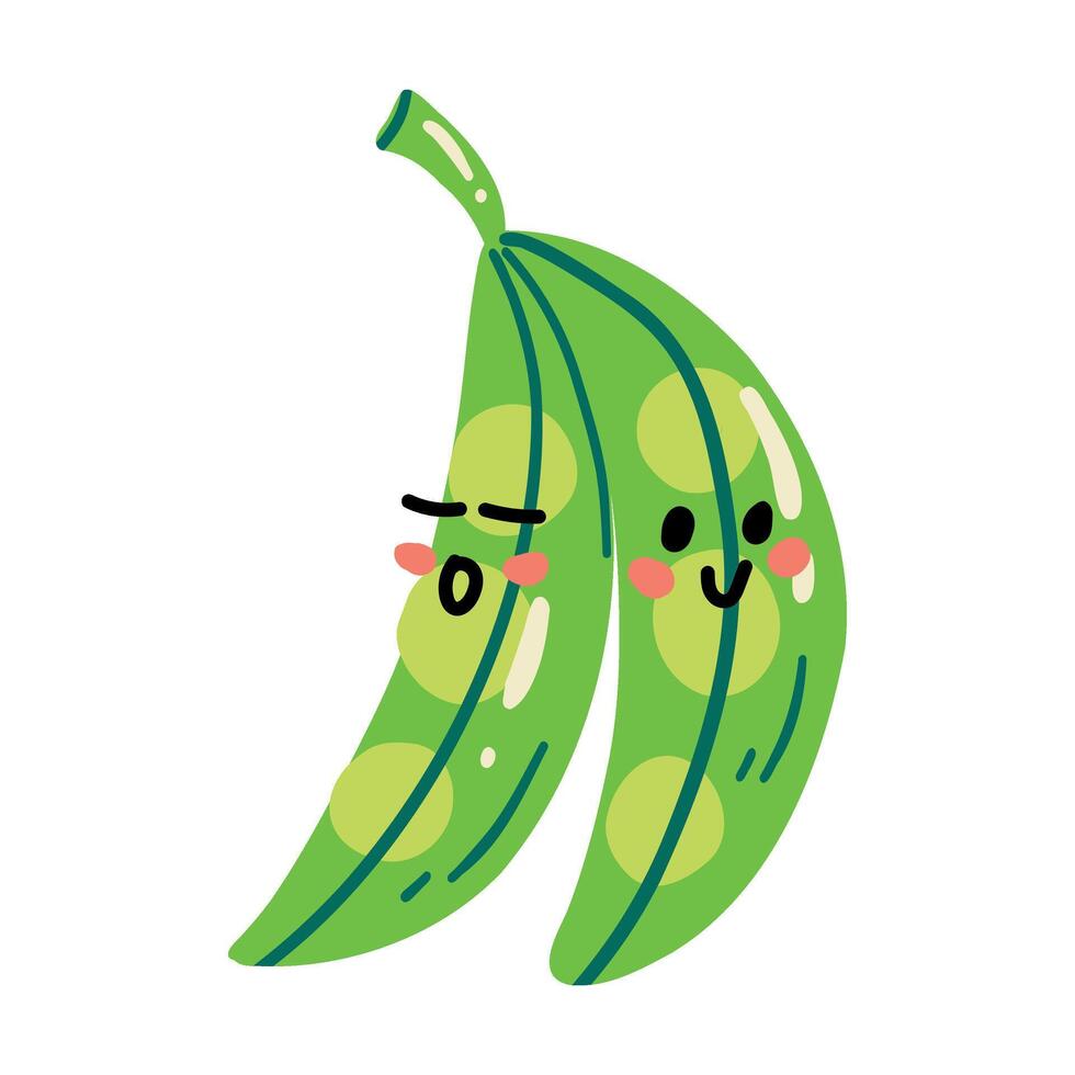 Cute hand drawn grean pea smiling. Kawaii funny vegetable character for kids. vector