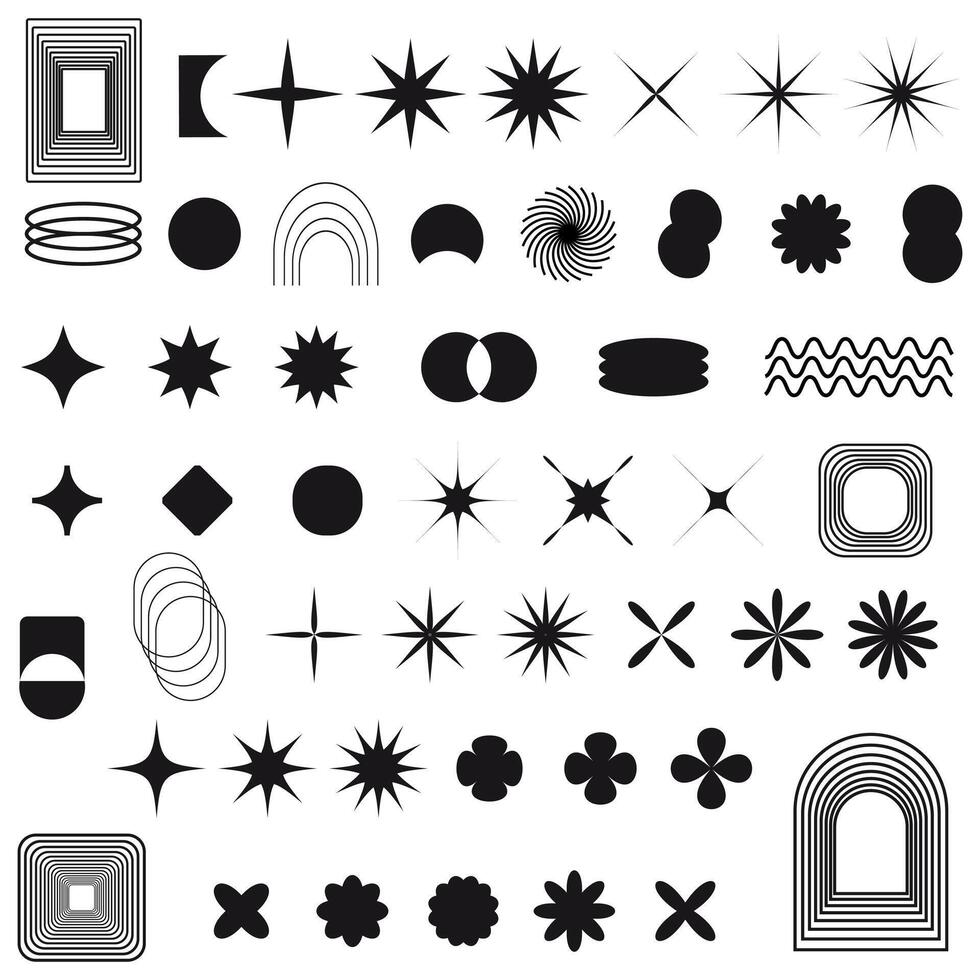 Swiss bauhaus y2k brutalist elements. Abstract geometric shapes, contemporary flower, star figures. Vector memphis design, primitive element set