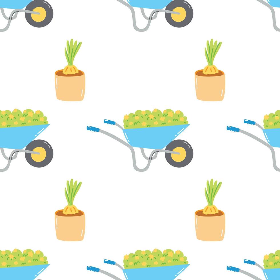 Seamless pattern with plant in pot and wheelbarrow. Hand drawn springtime garden tools, agriculture equipment, horticulture concept vector