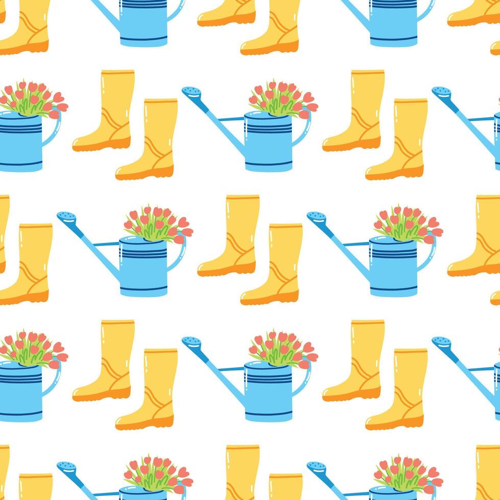 Seamless pattern with rubber boots and watering can with flowers. Hand drawn springtime garden tools, agriculture equipment, horticulture concept vector