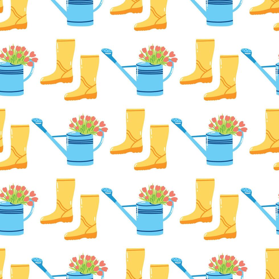 Seamless pattern with rubber boots and watering can with flowers. Hand drawn springtime garden tools, agriculture equipment, horticulture concept vector