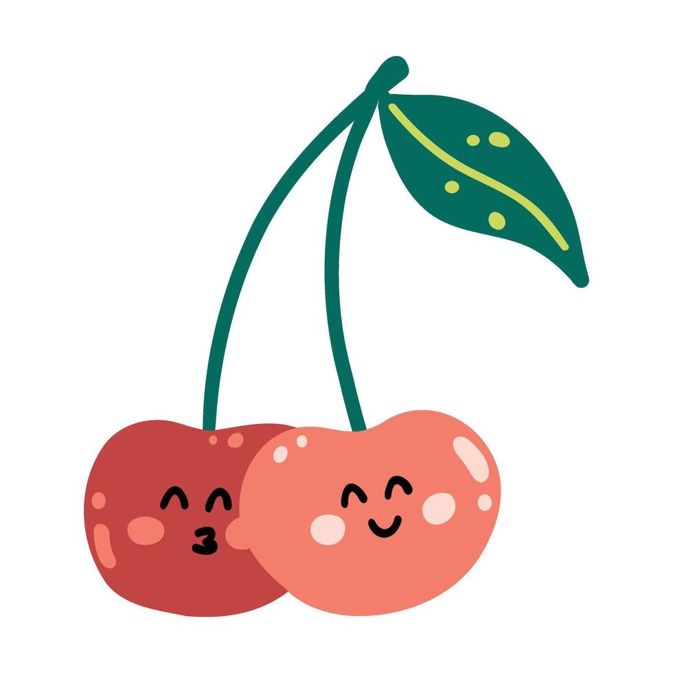 Cute hand drawn cherry smiling. Kawaii funny fruit character for kids. vector