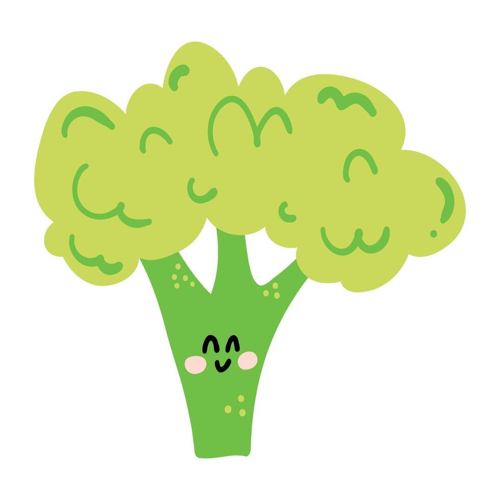 Cute hand drawn broccoli smiling. Kawaii funny vegetable character for kids. vector