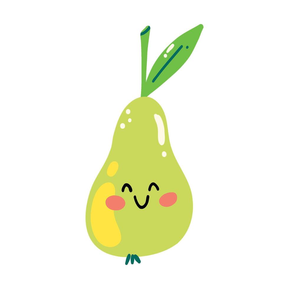 Cute hand drawn pear smiling. Kawaii funny fruit character for kids vector
