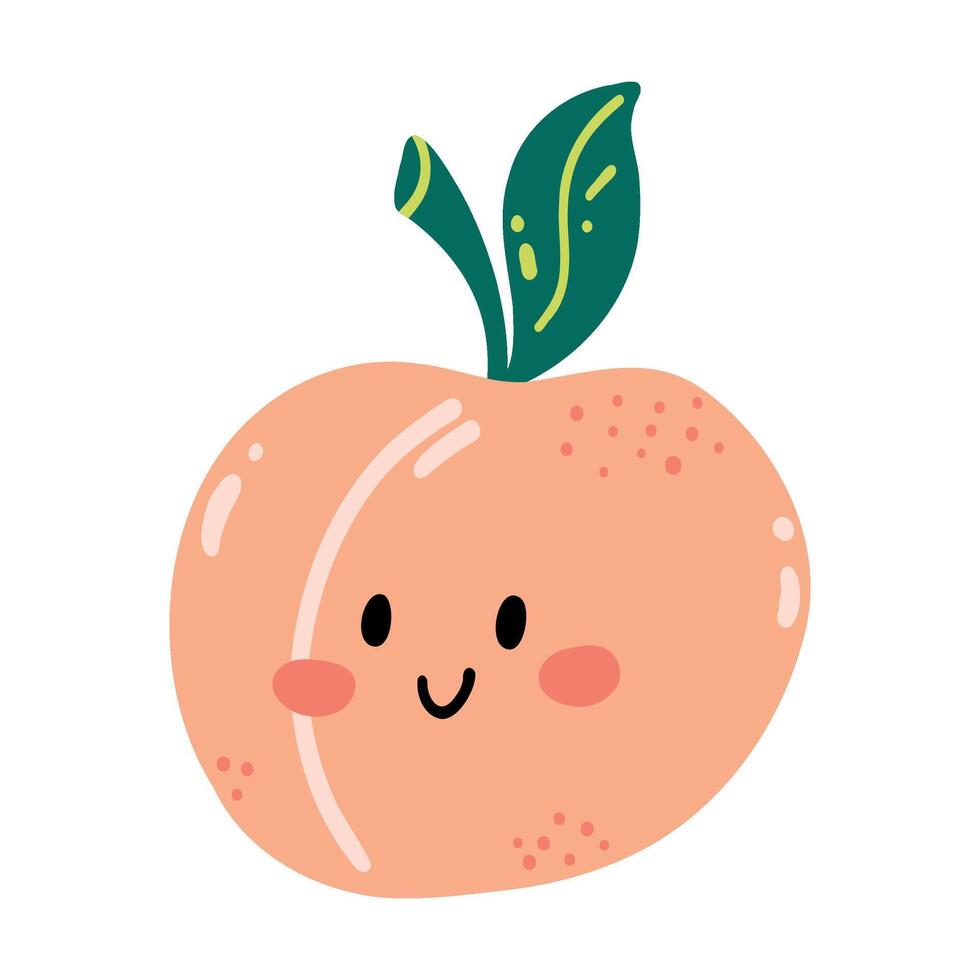 Cute hand drawn peach smiling. Kawaii funny fruit character for kids vector
