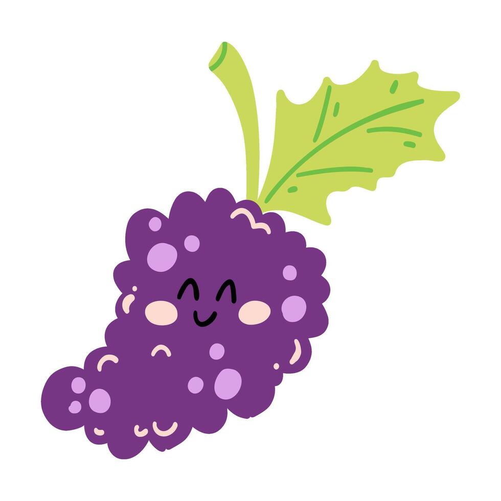 linda mano dibujado uva sonriente. kawaii gracioso Fruta personaje para niños vector