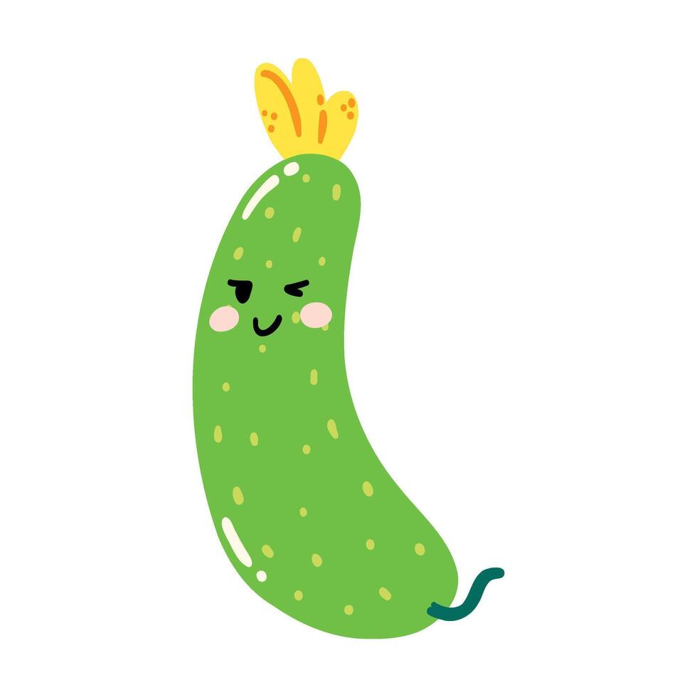 Cute hand drawn cucumber smiling. Kawaii funny vegetable character for kids vector