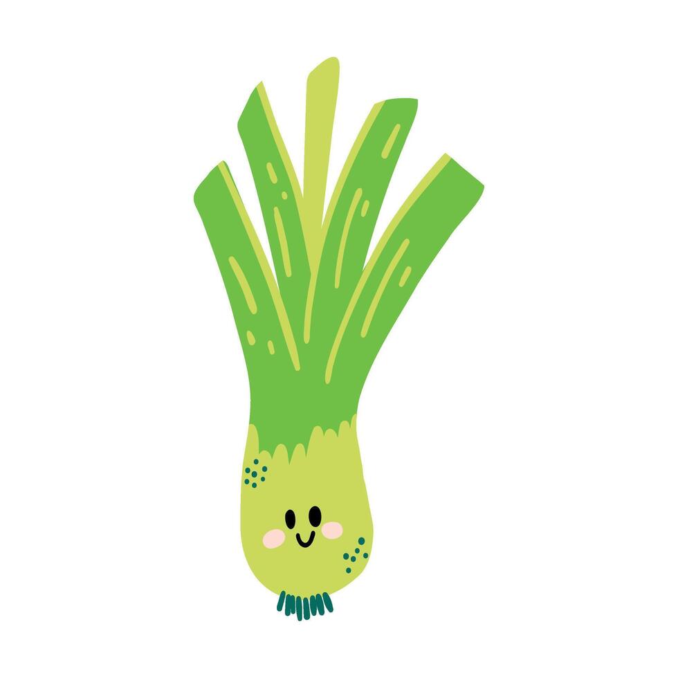 linda mano dibujado Puerro sonriente. kawaii gracioso vegetal personaje para niños vector