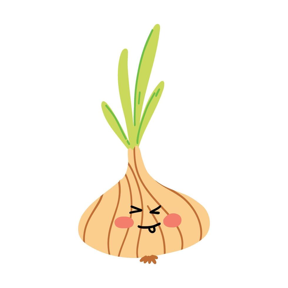 linda mano dibujado cebolla sonriente. kawaii gracioso vegetal personaje para niños vector