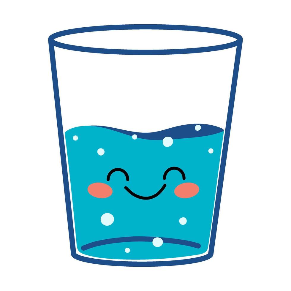 Hand drawn glass of water in kawaii style. Cute vector element in doodle style