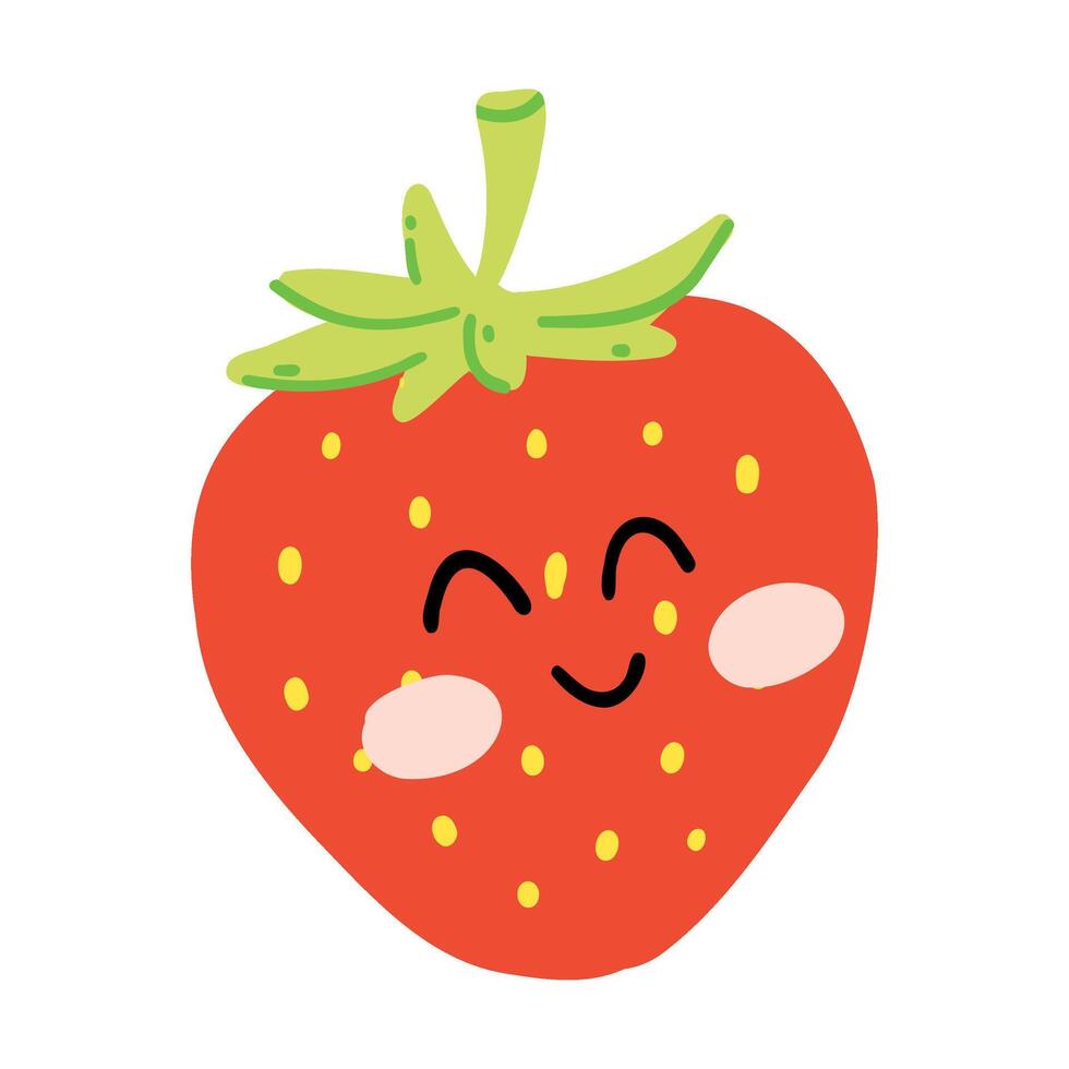 Cute hand drawn strawberry smiling. Kawaii funny fruit character for kids. vector