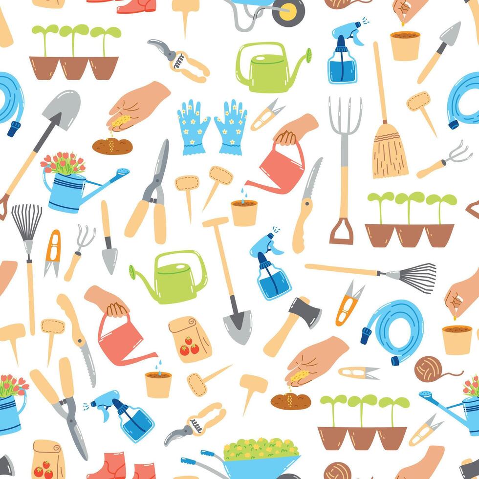 Seamless pattern with hand drawn gardening tools, agriculture equipment. Springtime wallpaper, horticulture concept. vector