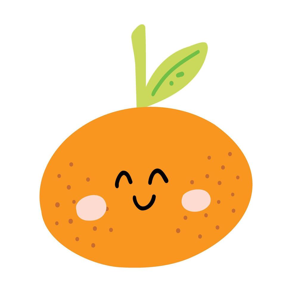 Cute hand drawn orange smiling. Kawaii funny fruit character for kids. vector