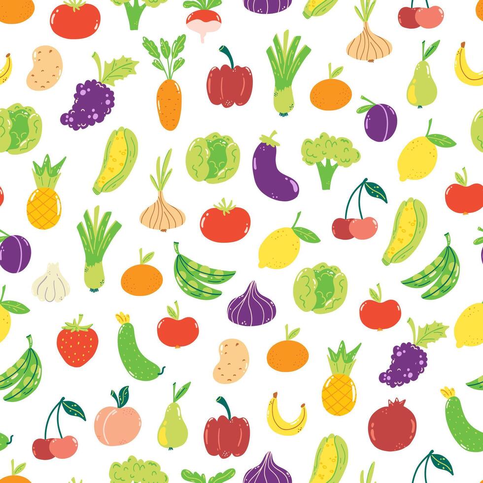 Hand drawn seamless pattern with cute fruits and veggies on white background. Colorful wallpaper for print, wrapping paper, textile. vector