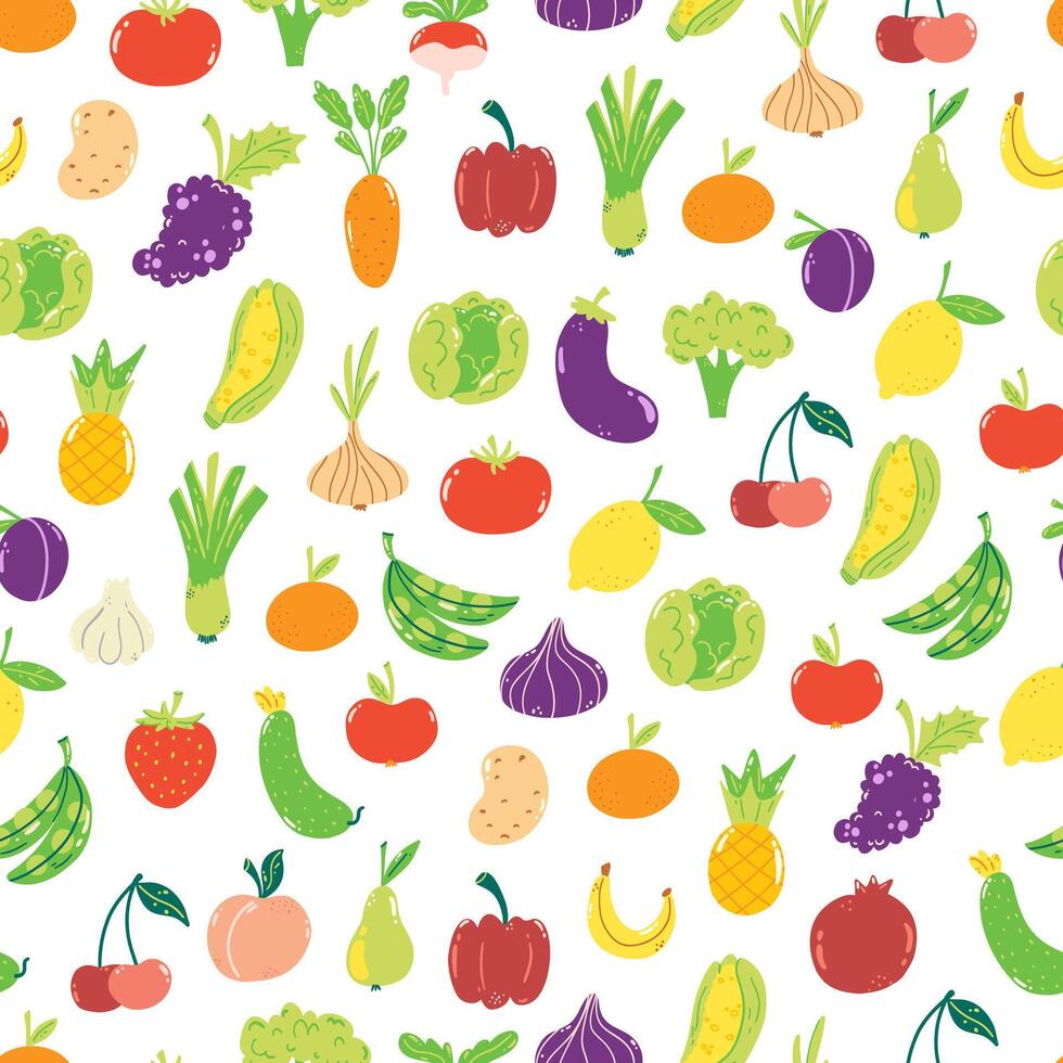 mano dibujado sin costura modelo con linda frutas y verduras en blanco antecedentes. vistoso fondo de pantalla para imprimir, envase papel, textil. vector