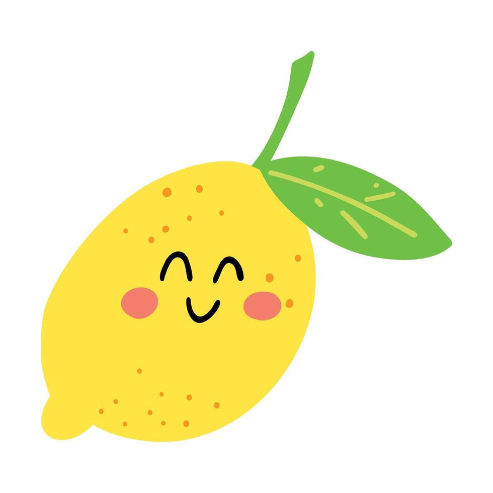 Cute hand drawn lemon  smiling. Kawaii funny fruit character for kids vector