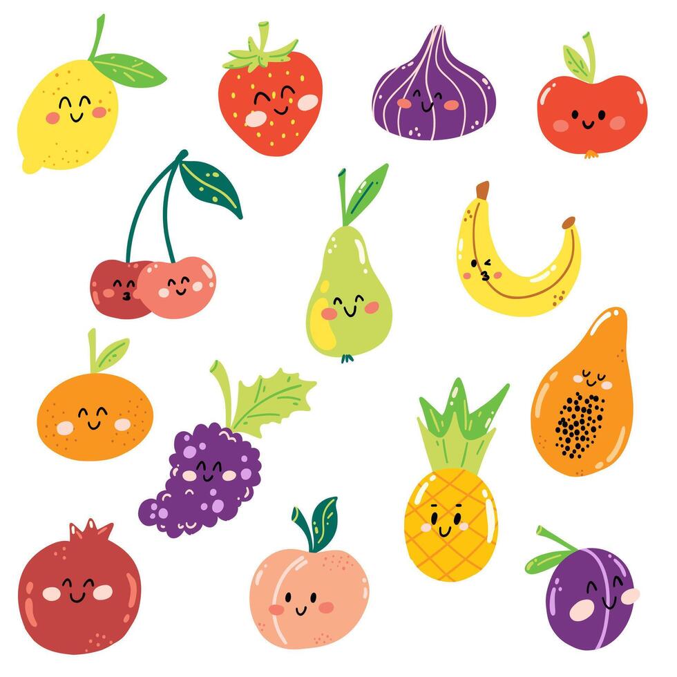 conjunto de mano dibujado frutas en dibujos animados kawaii estilo. linda jugoso Fruta en infantil estilo para imprimir, menú, niños juego. vector