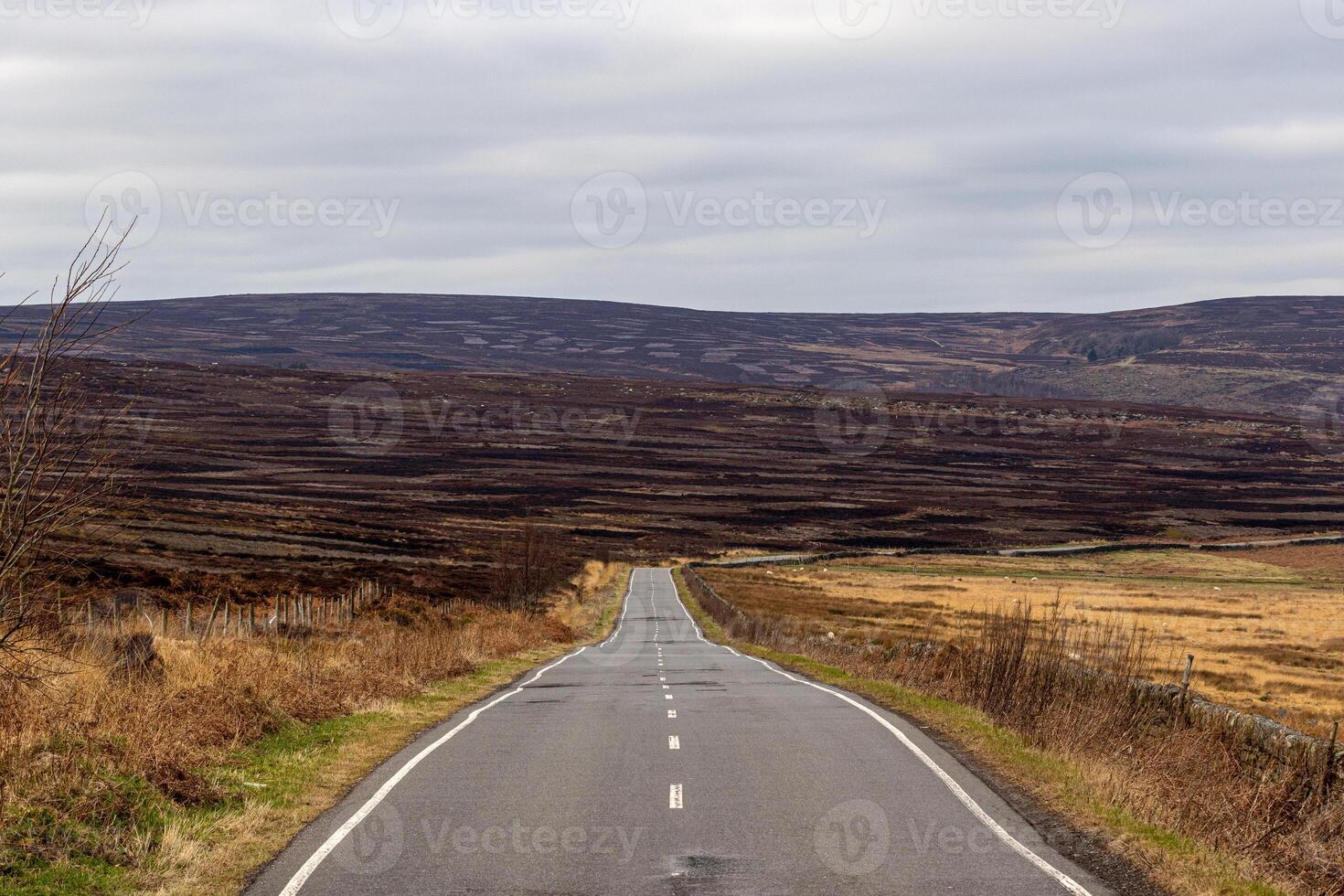 Empty rural road leading through a barren landscape with overcast skies in Peak District, England. photo