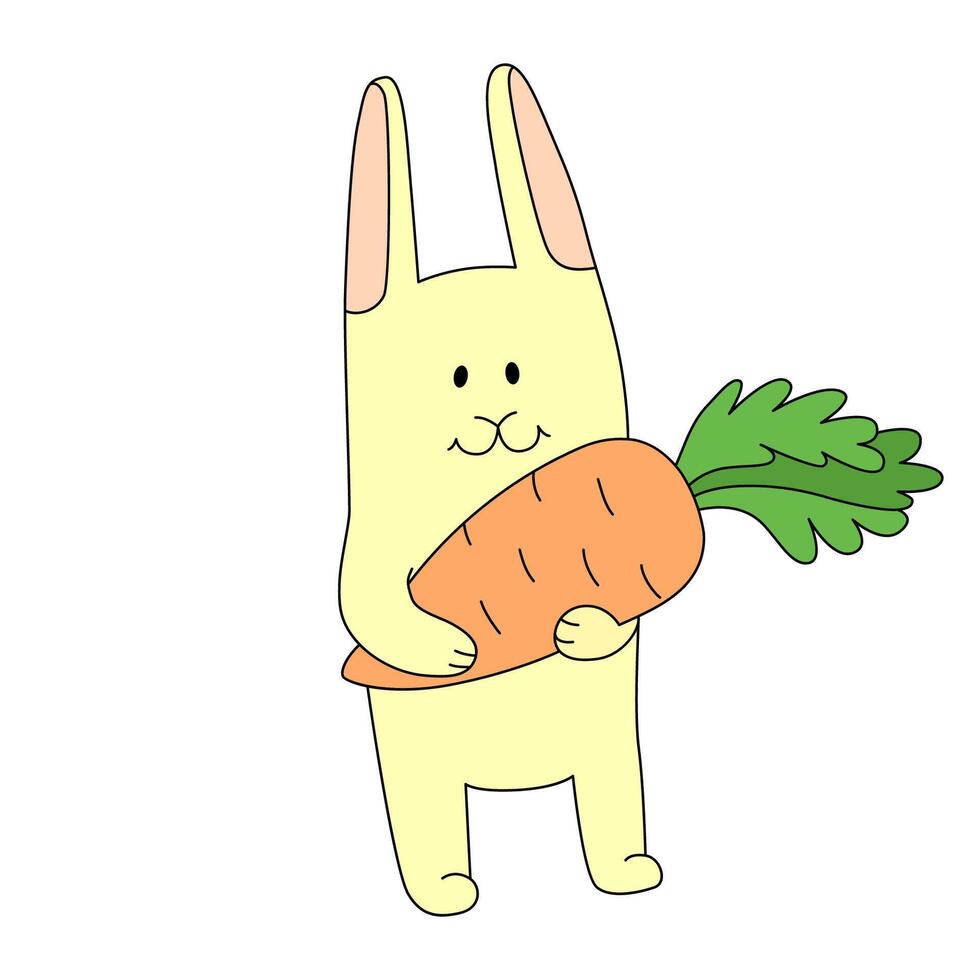 The Easter bunny is holding a carrot. Vector illustration isolated on white
